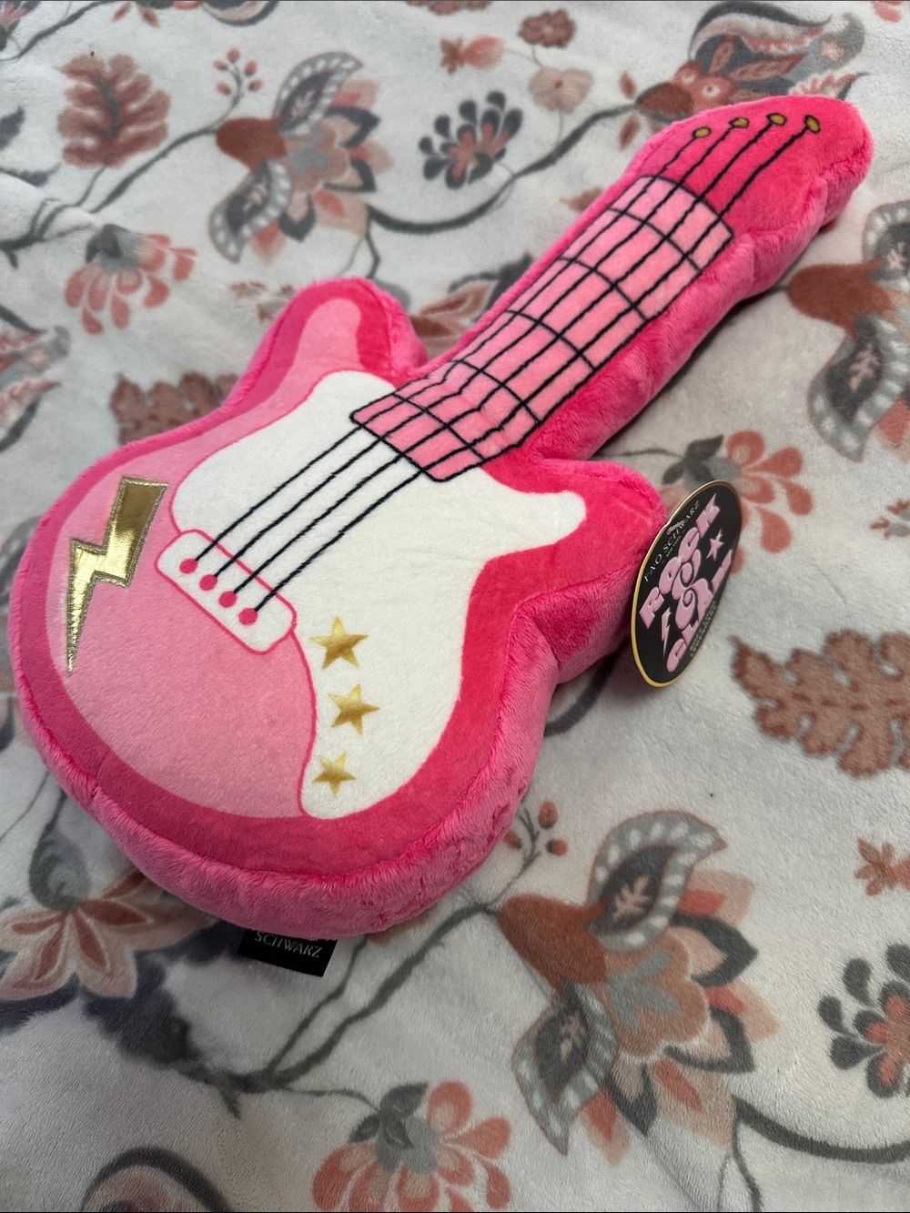 FAO Schwarz Pink Plush Guitar Pillow with Gold Accents